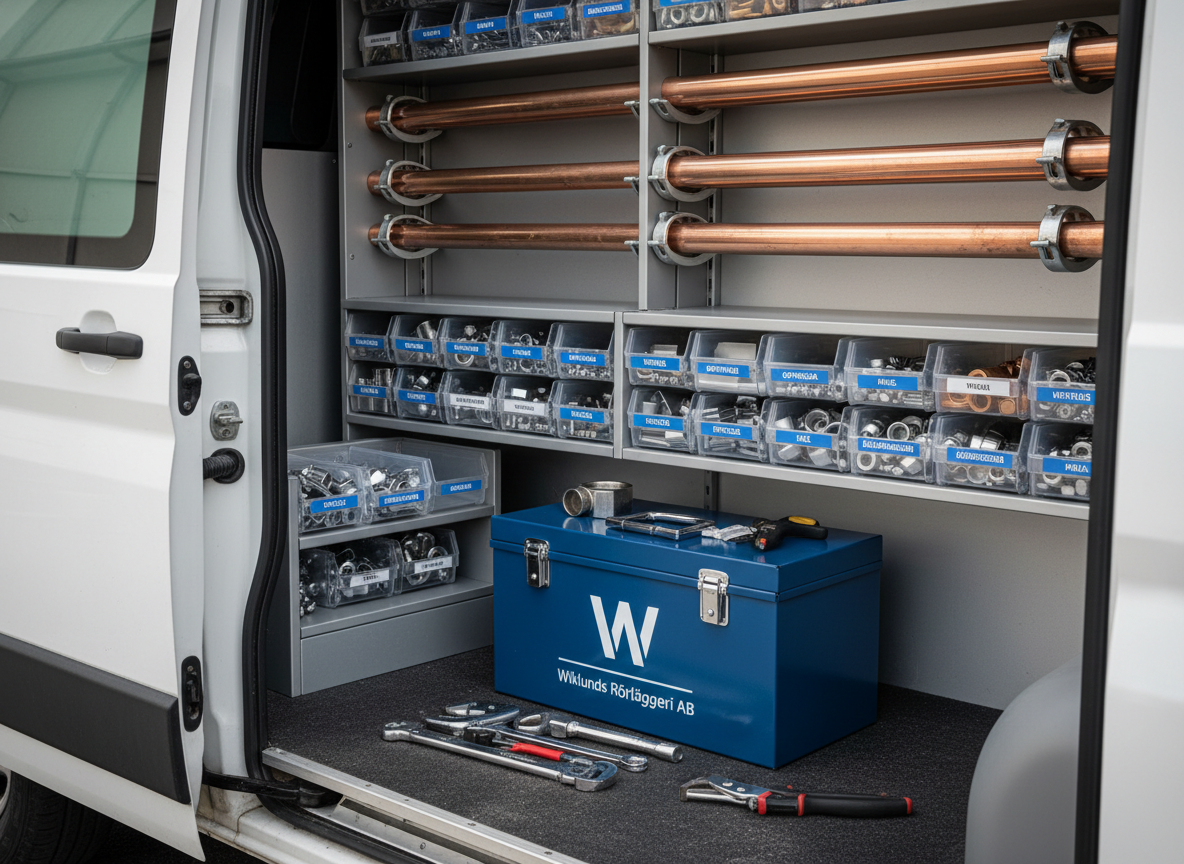 A meticulously organized VVS service van interior with neatly arranged copper pipes, gleaming chrome fittings, and labeled storage bins filled with valves and connectors. The tools rest on a clean, rubberized floor, with a prominently displayed blue toolbox featuring the discreet logo text “Wiklunds Rörläggeri AB” on its lid. Soft daylight enters from the open side door, creating gentle reflections on metallic surfaces and subtle shadows between the compartments. Captured at eye level with sharp focus throughout, the composition feels structured and trustworthy. The photographic realism and clean, modern aesthetic convey professionalism, reliability, and precision, perfectly suited for a well-established plumbing company in Göteborg.